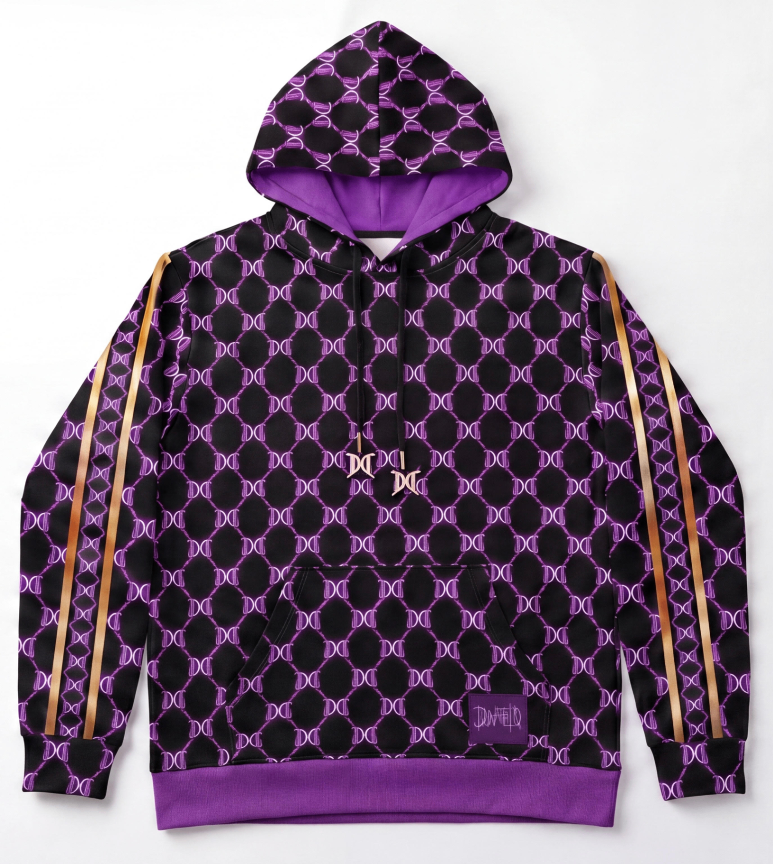 DONATELLO First Run Hoodie — purple DC monogram on black with rose-gold sleeve stripes