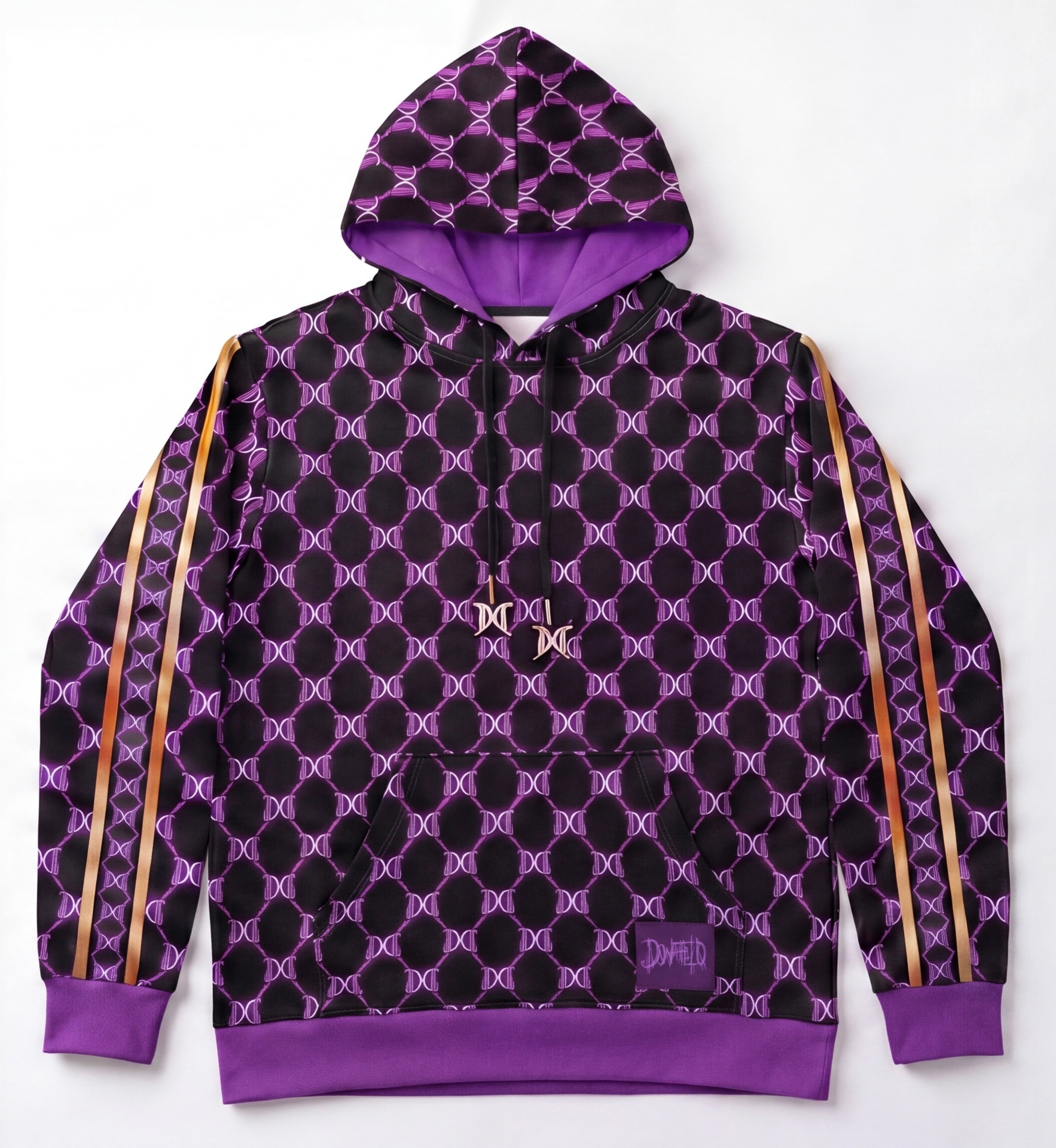 DONATELLO First Run Hoodie — purple DC monogram on black with rose-gold sleeve stripes